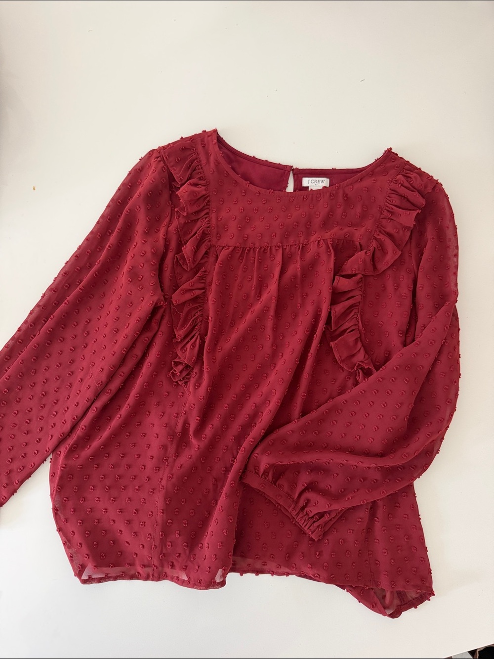 J. Crew Burgundy Swiss Dot Ruffle Blouse